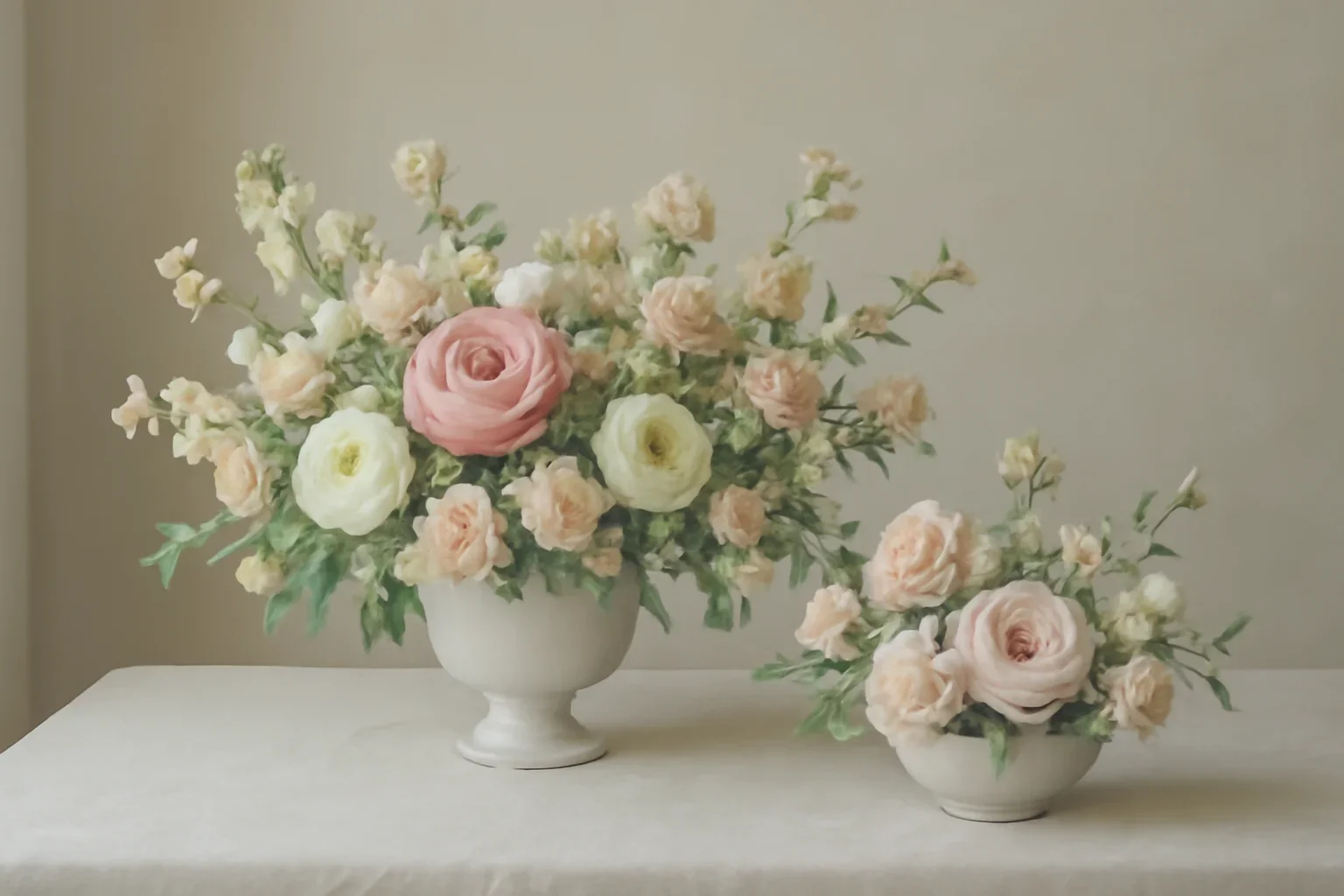 Arrangements styled with fresh flowers in a soft editorial setting