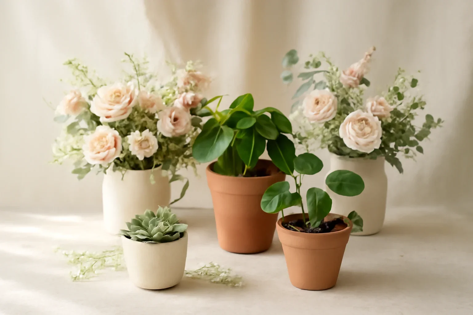 Best Housewarming Plants to Send as Gifts styled with fresh flowers in a soft editorial setting