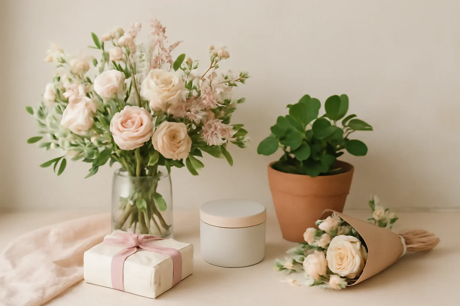 Deep Cove Gift Ideas: Flowers, Plants and Add-Ons styled with fresh flowers in a soft editorial setting