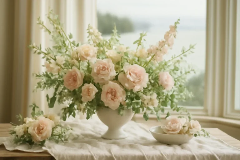 How to Choose Wedding Flowers for a Coastal BC Venue styled with fresh flowers in a soft editorial setting