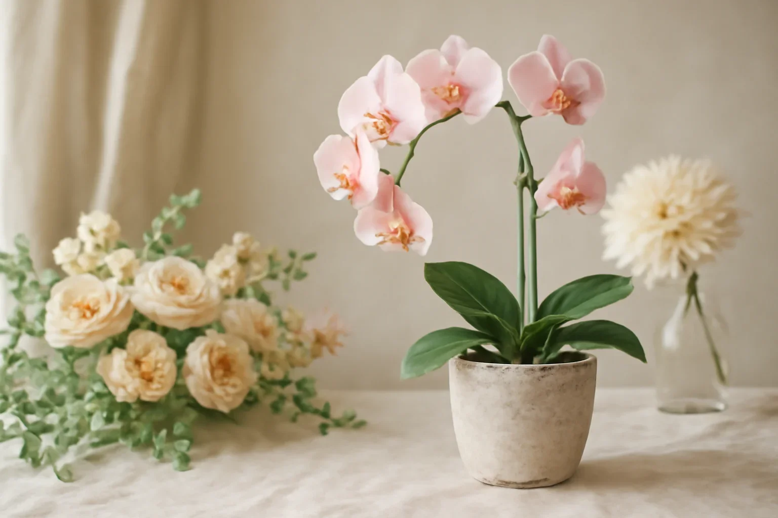 Orchid Care Basics for Gifted Plants styled with fresh flowers in a soft editorial setting