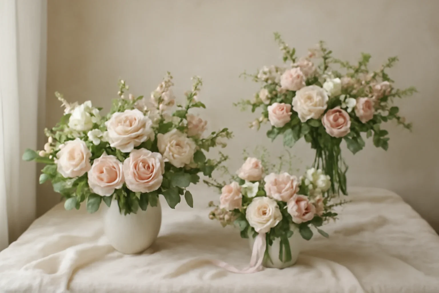 Bouquets styled with fresh flowers in a soft editorial setting