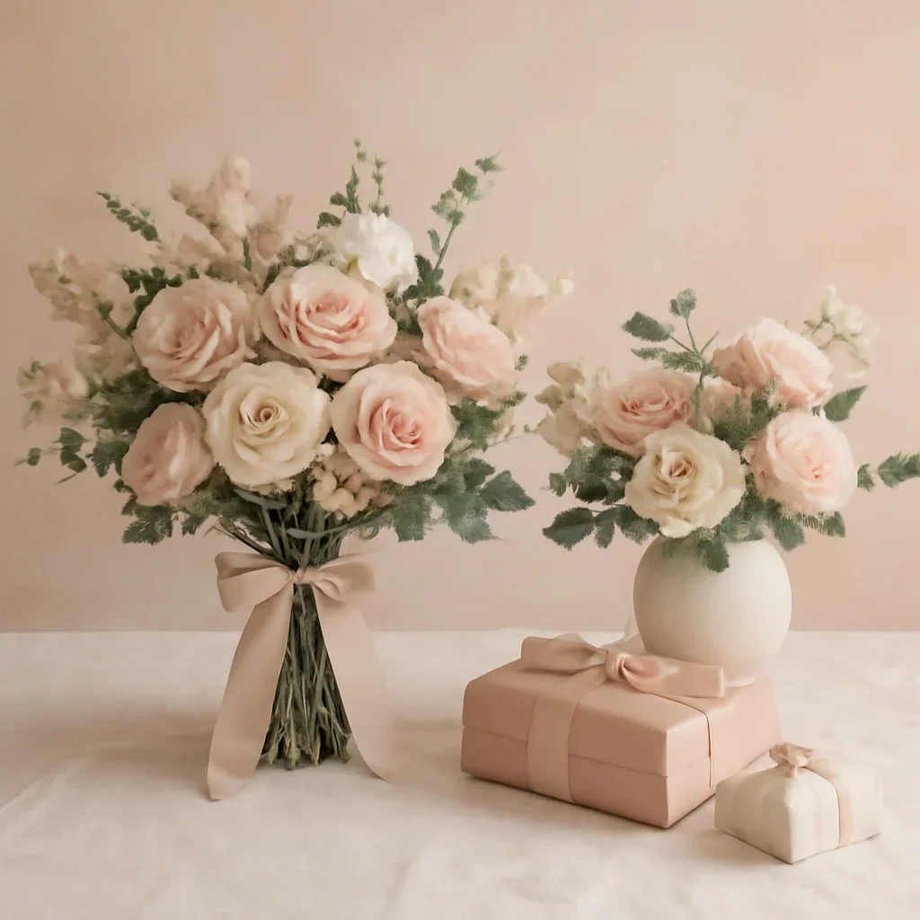 Call to action floral image for bouquet vs arrangement with thoughtful gift styling