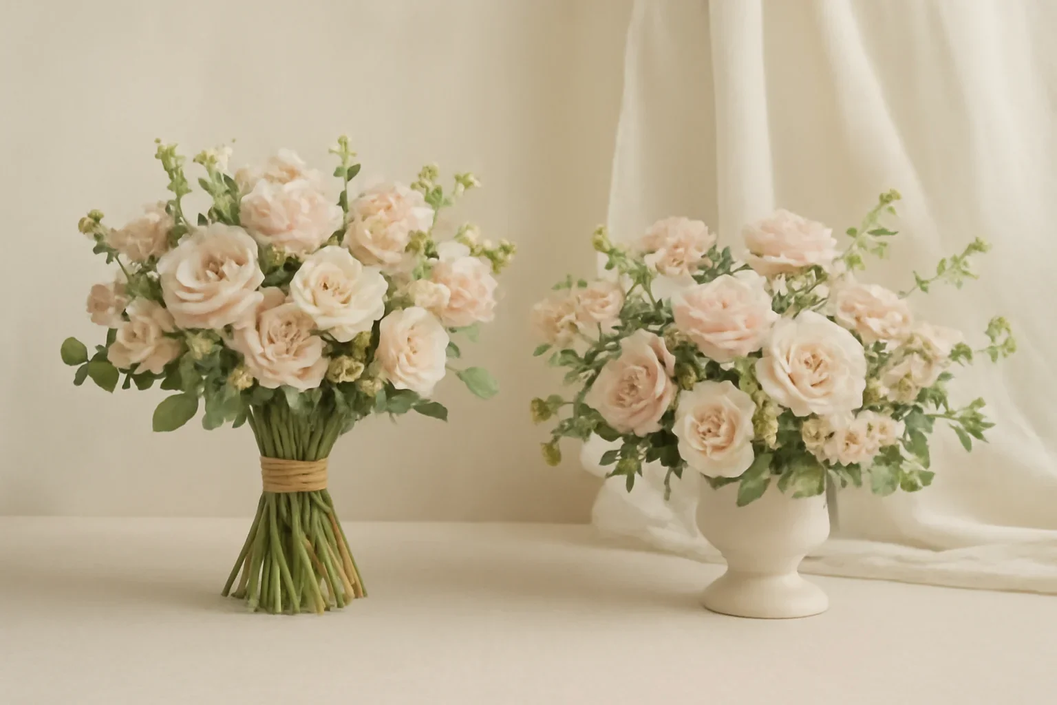 Bouquet vs Arrangement styled with fresh flowers in a soft editorial setting