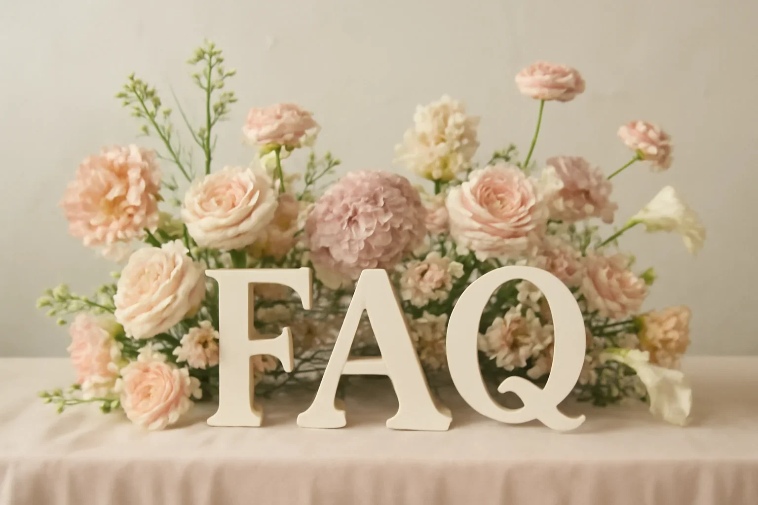 FAQ styled with fresh flowers in a soft editorial setting