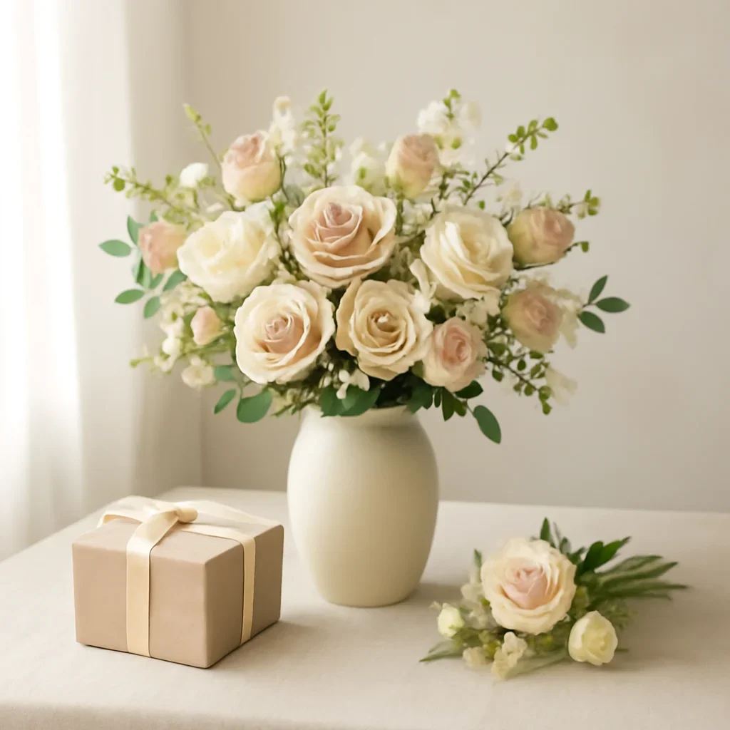 Supporting floral scene for flower subscriptions with boutique presentation