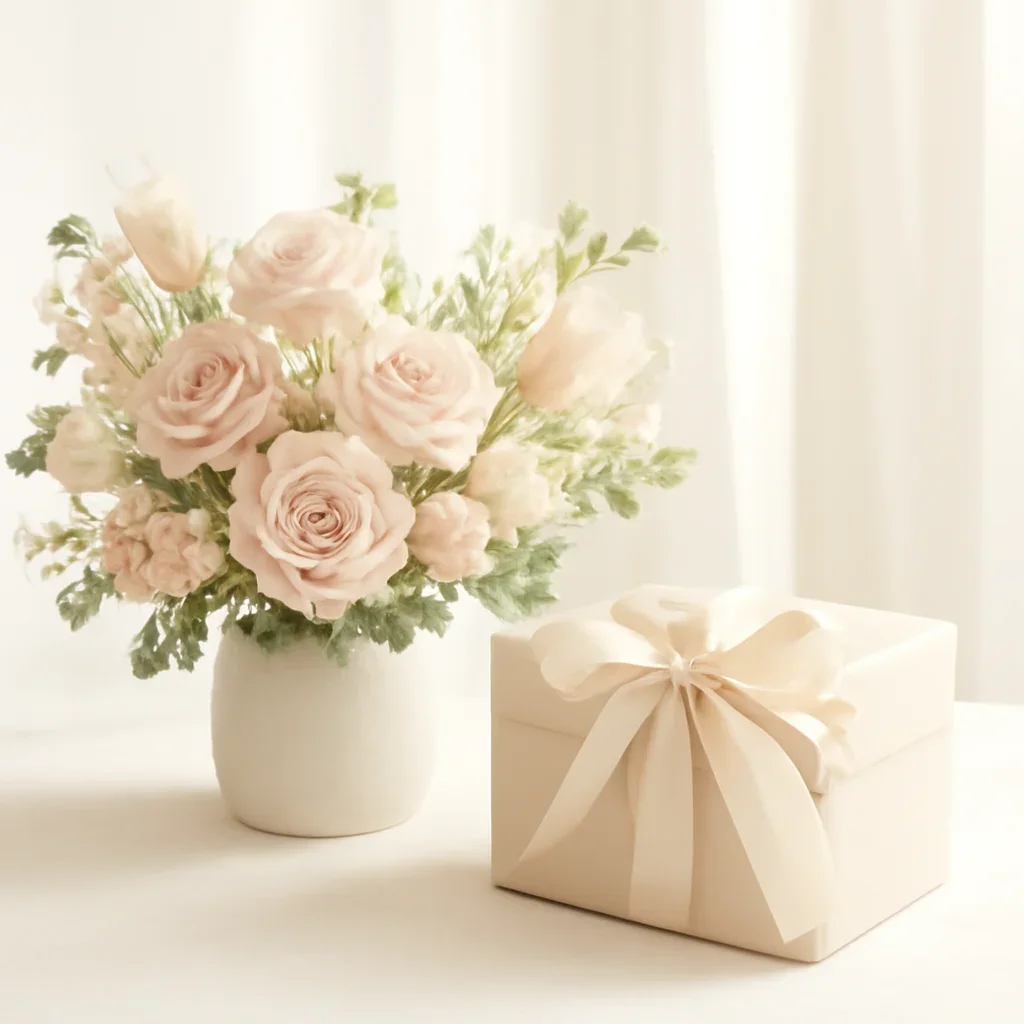Supporting floral scene for gift cards with boutique presentation