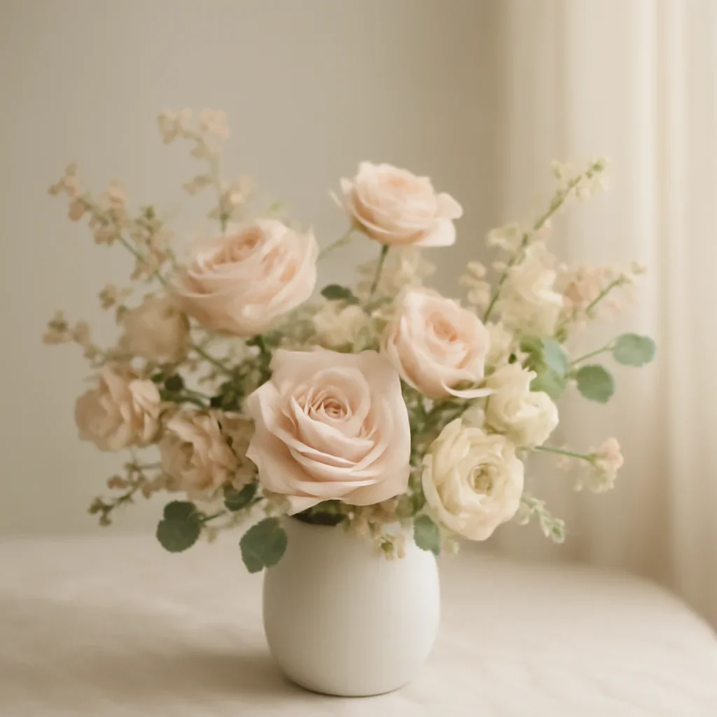 Supporting floral scene for monthly flower subscription with boutique presentation