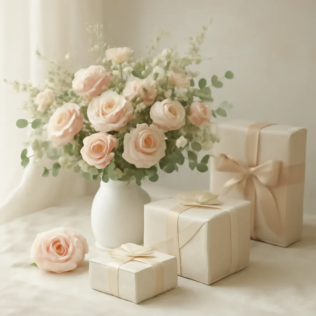 Supporting floral scene for gifts with boutique presentation