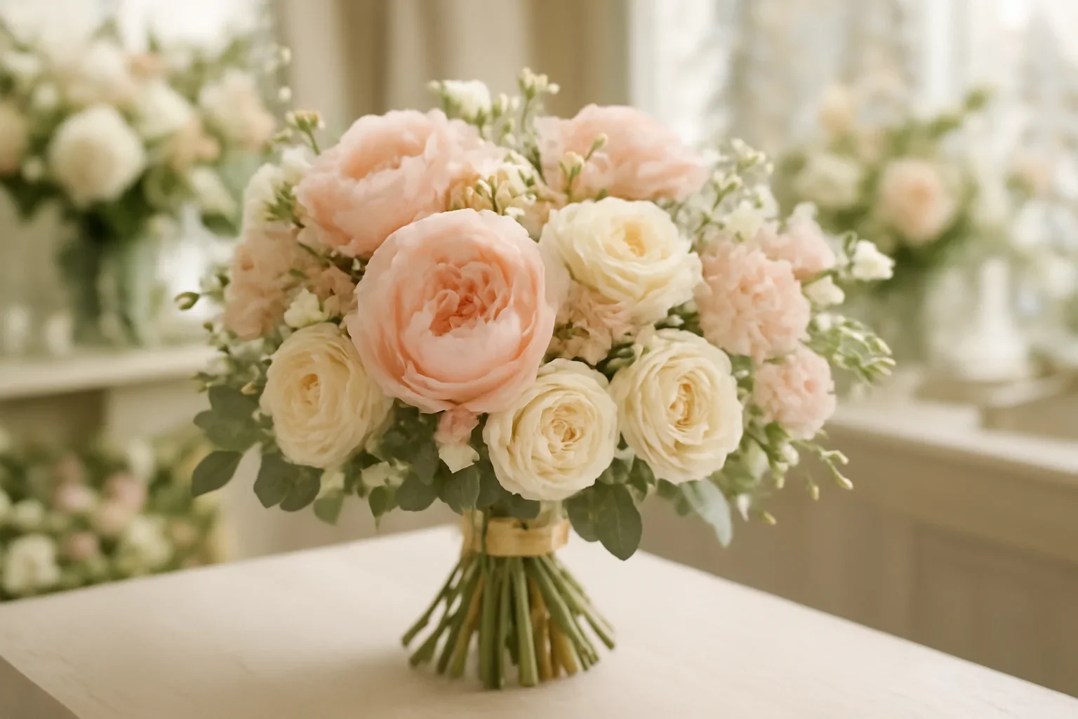 Handcrafted pastel bouquet arranged in a boutique florist setting