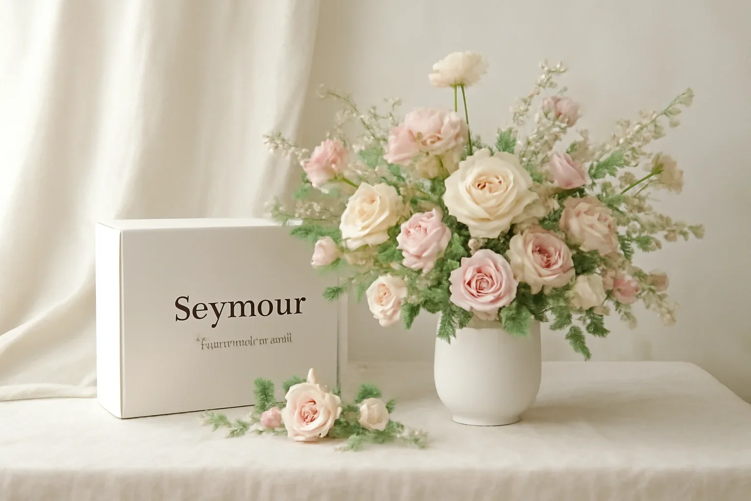 Seymour Flower Delivery styled with fresh flowers in a soft editorial setting