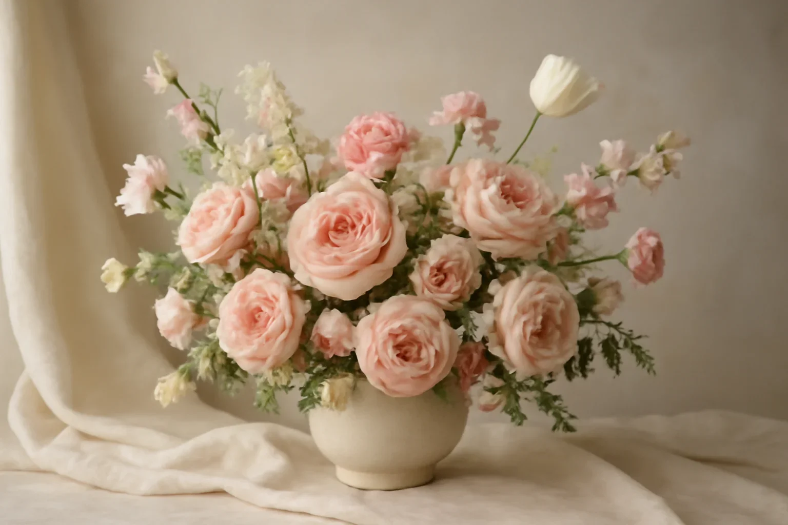 Valentine's Day Flowers styled with fresh flowers in a soft editorial setting